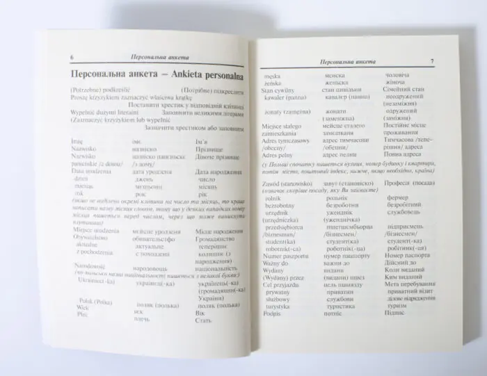 Сторінка українсько-польського розмовника з персональною анкетою