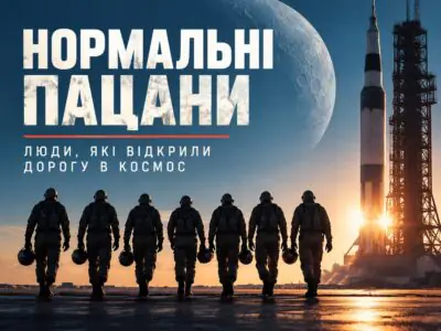 Перші американські астронавти і ракета на стартовому майданчику