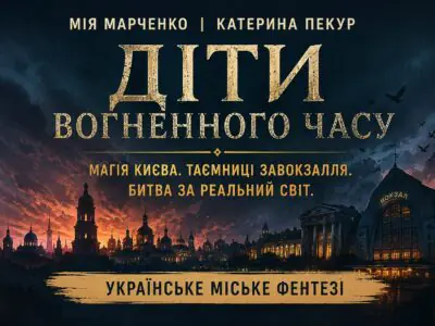 Банер книги Діти вогненного часу Мії Марченко та Катерини Пекур із містичним Києвом і залізничним вокзалом