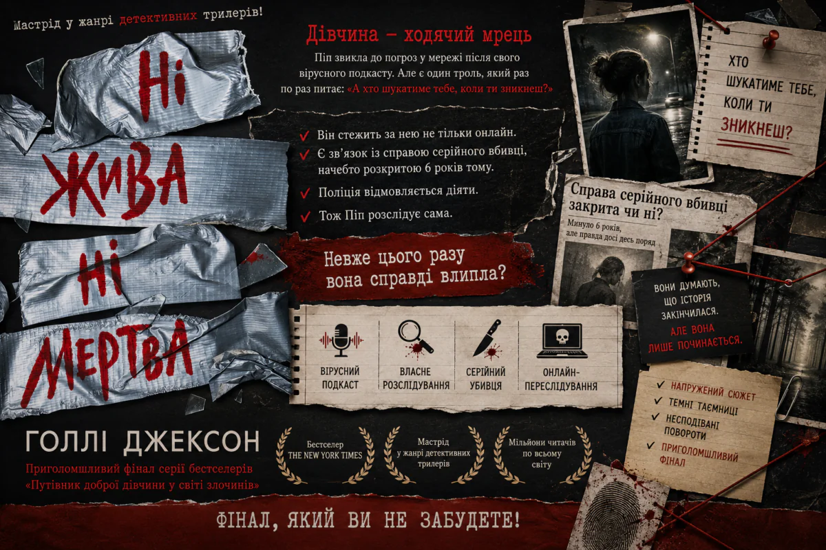 Рекламний банер книги Ні жива ні мертва Голлі Джексон із детективною дошкою розслідування, газетними вирізками, фотографіями та елементами кримінальної справи