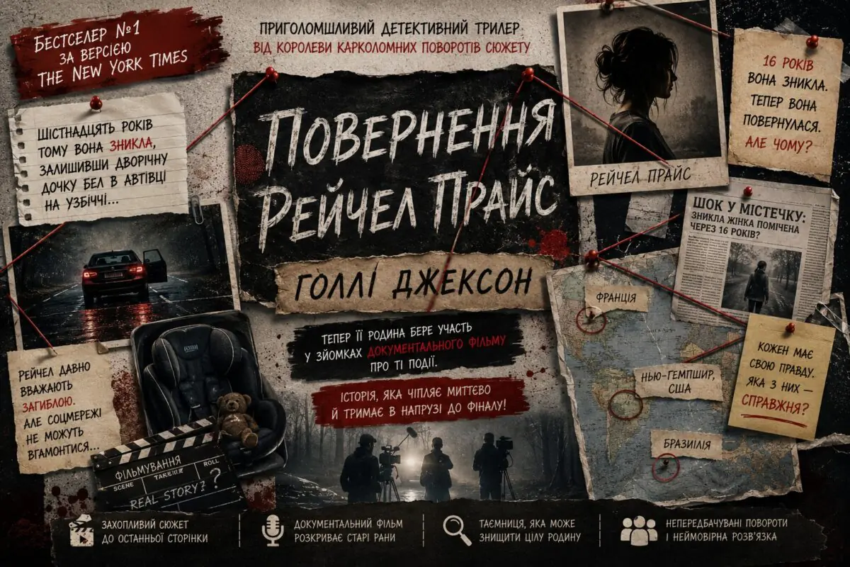 Рекламний банер детективного трилера Повернення Рейчел Прайс Голлі Джексон із дошкою розслідування, фотографіями, картою та доказами
