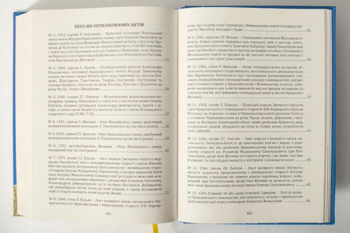 Перелік опублікованих актів у книзі Південні околиці Вінниці у XIV–XVII століттях