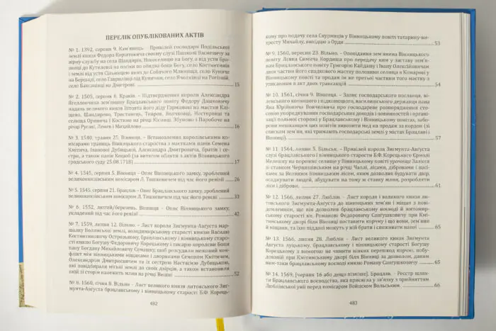 Перелік опублікованих актів у книзі Південні околиці Вінниці у XIV–XVII століттях