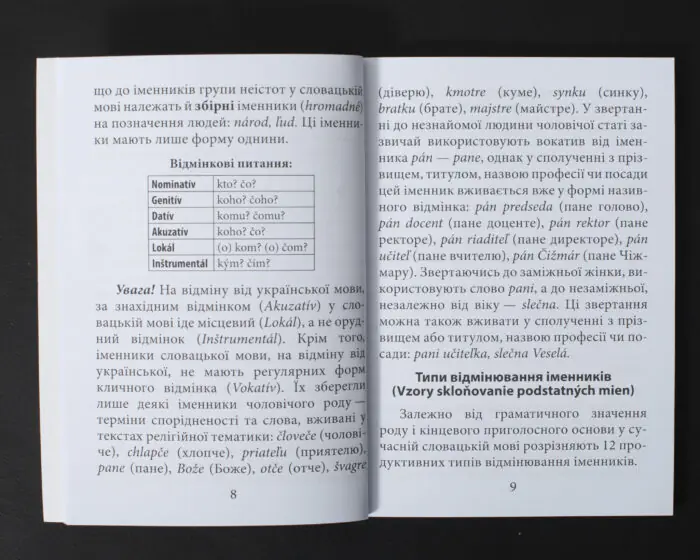 Розворот книги Граматика словацької мови з відмінками та типами відмінювання