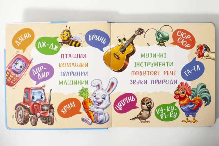 Перші звуки Ірини Сонечко — задня обкладинка з описом, аудіобонусом, ISBN та курочкою