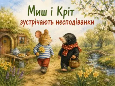 Миш і Кріт зустрічають несподіванки — тематичний банер із героями у весняному саду