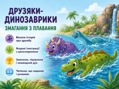 Змагання з плавання Друзяки-динозаврики — банер книги Ларса Мелє