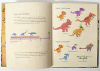 Open two-page children's book spread about dinosaurs; left page contains Ukrainian text about dinosaurs, right page features colorful cartoon dinosaurs with names under each creature.
