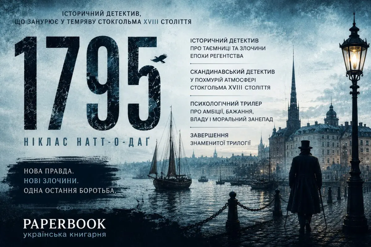 Рекламний банер історичного детективу 1795 Нікласа Натт-о-Даґа про похмурий Стокгольм XVIII століття та завершення знаменитої трилогії