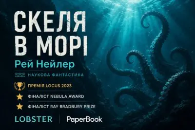 Рекламний банер книги Скеля в морі Рея Нейлера з морською тематикою та згадкою літературних нагород