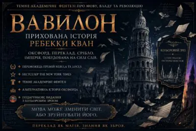 Рекламний банер книги Вавилон. Прихована історія Ребекки Кван з акцентом на кольоровий зріз