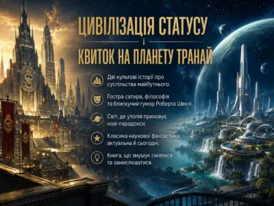 Банер книги Цивілізація статусу і Квиток на планету Транай Роберта Шеклі із футуристичними світами та космічним пейзажем