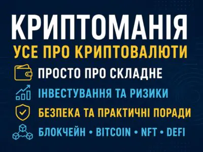 Банер книги Криптоманія про криптовалюти блокчейн Bitcoin NFT та інвестування